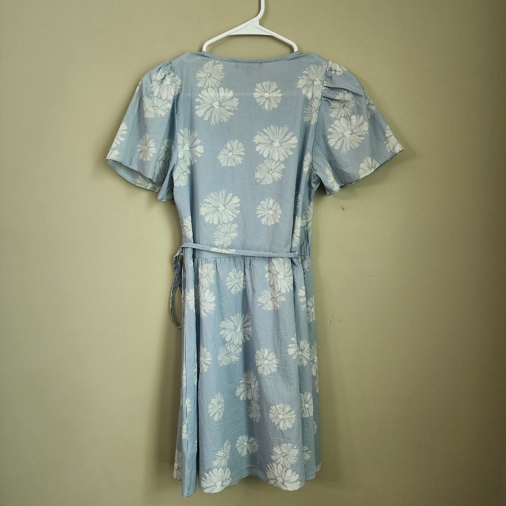 Madewell  Floral Light Blue Wrap Dress Cotton Tie Waist. Size XS - Picture 6 of 8